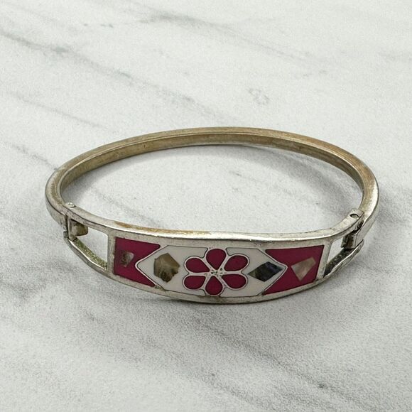 Vintage Silver Tone Abalone Shell Flower Inlay Hinge Child's Bangle ✨ - Picture 3 of 10